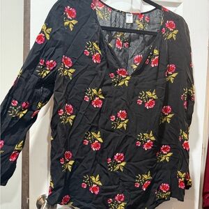 Old Navy Black V-Neck Floral Blouse with Pink Roses